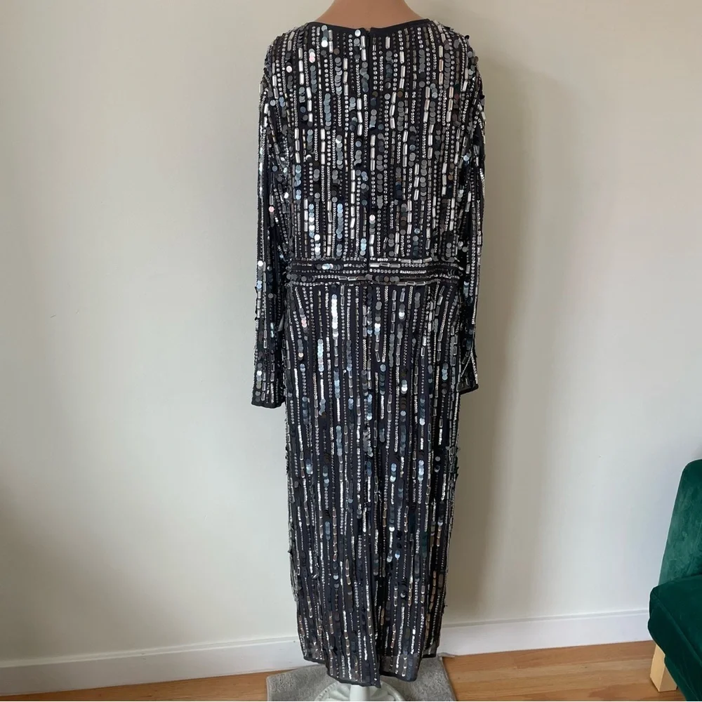MAC DUGGAL Charcoal Gray Embellished High Neck Long Sleeve Fitted Dress NWT 16